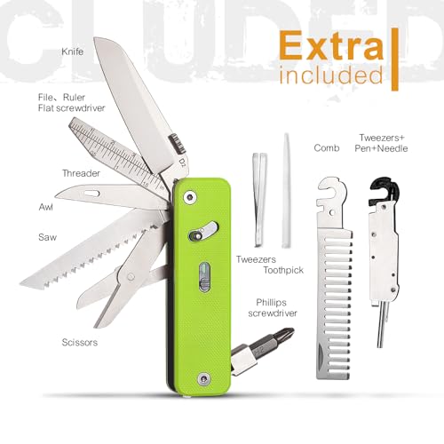 Image of ROXON S503G 9 in 1 Mini Multi Tool EDC Pocket Knife Multitool with G10 Handle,Scissors,Screwdriver,Threader,Awl, Flat Screwdriver,Ruler,Tweezers for Outdoors Fishing Camping,Gifts for Men (Neon Green)