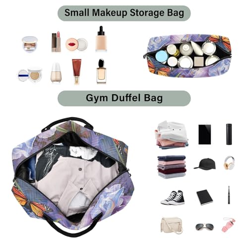 Large Travel Duffel Bag, Butterfly Purple Foral Sports Tote Gym Bag, Shoulder Weekender Overnight Bag for Women Men, Carry On Luggage with Toiletry Bags4