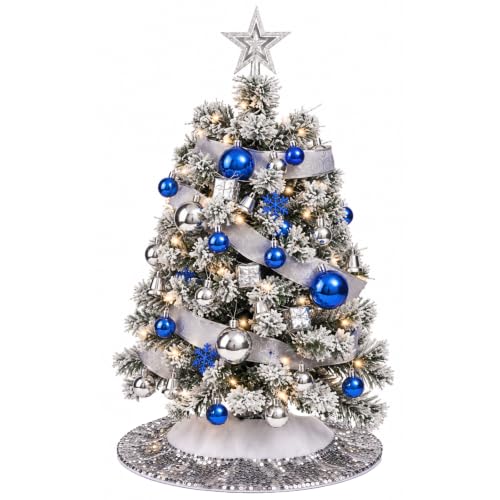Wironlst 22-Inch White Flocked Mini Christmas Tree Tabletop Set with LED Lights，Christmas Ornament Set,with Star Topper,Blue Silver Ornaments, Silver Tree Skirt,Christmas Holiday Decor for DIY Xmas - image 1