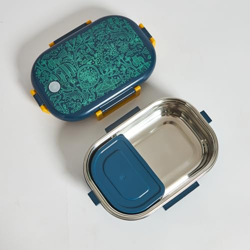 Image of Chumbak Sundarbans Gondh Insulated Stainless Steel Lunch Box 650 ml with Two compartments| Easy to Carry | Leak Proof | Durable | Tiffin for Kids