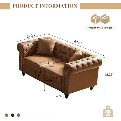 Image of Modern Chesterfield Sofa Couch, 63.5-inch Faux Leather Loveseat Sofa with Rolled Armrests and Tufted Button for Living Room, Office, Brown