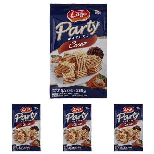 LAGO, Party Cacao 250 g, Wafer avec crème cacao 74% avec 5 couches Friables de gaufrer et une crème chocolat Velourtée (Lot de 4)