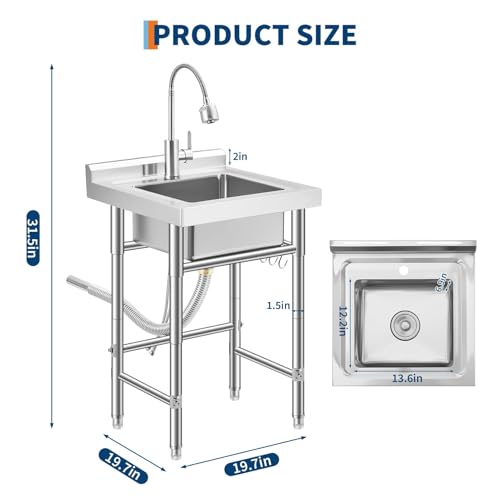 Image of Garvee Stainless Steel Utility Sink with Faucet & Storage Shelf, 304 Single Bowl Freestanding Sink with Adjustable Legs, S-Hooks, Hot & Cold Water Pipes for Kitchen, Laundry, Garage, Farm, Outdoor Use