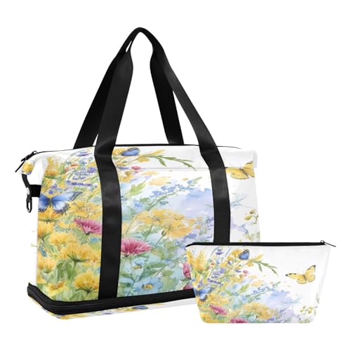 Flowers and Butterfly Gym Bag - Weekender Overnight Bags for Women Men, Sport Travel Duffel Bag with Wet Pocket & Shoe Compartment