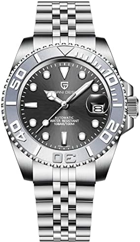 SUZAKU 1662 Orologio da uomo automatico GMT meccanico in acciaio inox 40 mm orologio zaffiro impermeabile luminoso moda orologio da uomo business, nero/grigio, Moderno