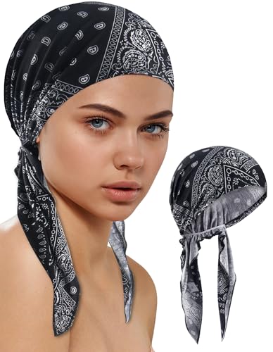 Ababalaya Chemo Headwear for Women Pre-tied Bandana Head Scarf Beanie Hat Hair Cover Turban Softer Lightweight Headcovers for Bald Hair Loss Non Slip Sleep Cap Black Paisley