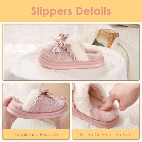 Cute Bow House Slippers for Women, Plush Comfy Faux Fur Slip-on Shoes Indoor Outdoor, Winter Warm Bedroom Slippers with Non-Slip Sole2