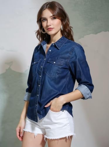 Image of Women's Denim Shirt Full Sleeve Regular Fit Collared Neck Solid Blue Button Down Casual Stylish Girls Western Shirt