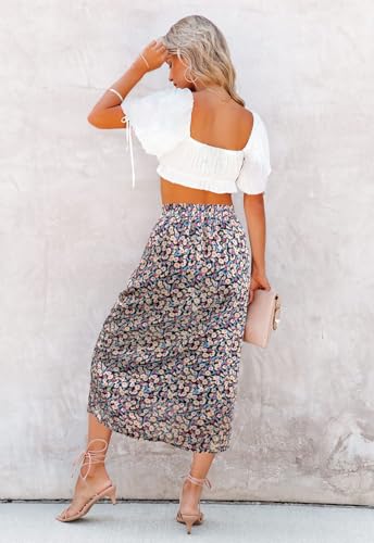 Image of HERBATOMIA Women's Floral Print Midi Skirt Casual High Elastic Waist Zipper Vintage Long Boho Skirts for Women
