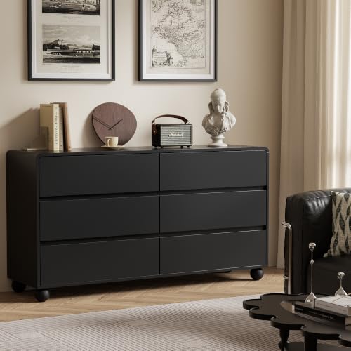 Image of Furniway Modern 6 Drawer Dresser for Bedroom, Black Dresser with Curved Profile Design, Minimalist Wood Chest of Drawers for Bedroom, Living Room, Hallway Entryway