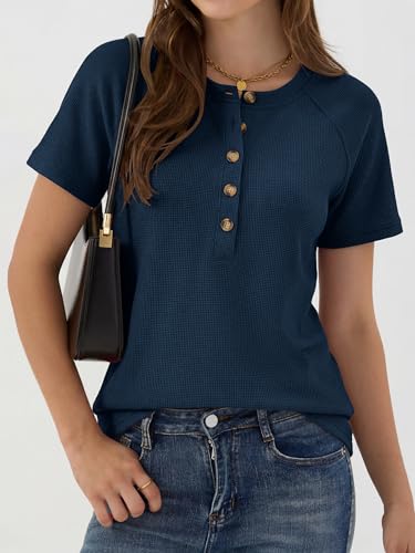 ANRABESS Women Waffle Knit Tops Short Sleeve Henley Shirts Dressy Casual Blouse 2026 Spring Fashion Outfits Trendy Clothes Navy Blue X-Large — view 3