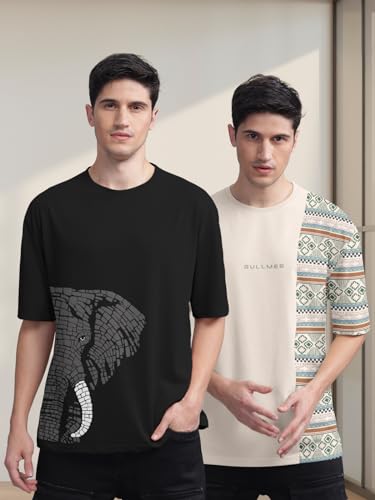 Image of BULLMER Trendy Front and Back Printed Oversized Round Neck T-Shirt for Men - Pack of 2