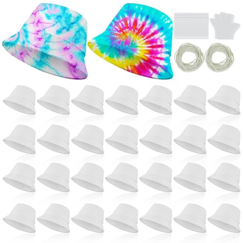 Silkfly 30 Pcs White Cotton Bucket Hat Bulk for Tie Dye Gift Blank DIY with Accessory for Tie Dye Party Back to School(Large) by Silkfly - Used condition - US$55.09