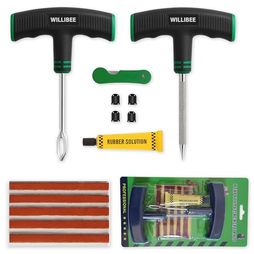 Image of WILLIBEE 6-in-1 Tubeless Tyre Puncture Repair Kit for Car & Bike | Heavy-Duty Puncher Kit T-Handle Tools & Repair Strips | Essential Flat Tyre Emergency Kit