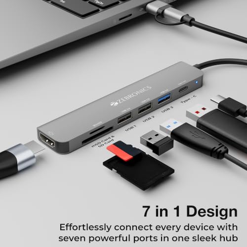 Image of Zebronics CT71 7-in-1 USB Hub, Dual Interface (USB & Type-C), 4K HDMI, 100W Type-C PD Charging, 5Gbps Transfer Speed, USB 3.0 5Gbps, Dual USB 2.0, microSD, Metal Body, LED Indicator