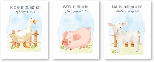 Xla Farm Animals Wall Art Prints，Watercolor Sky, Farm Animals Theme Nursery Kids Bedroom Hanging Wall Art Decor, Pig, Sheep, Duck，Bible Christian Verses, Set Of 3 (8"X 10")-No Frame #TOP9