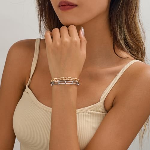 Two Tone Bracelets for Women Silver and Gold Bracelets Gold Plated Two Layering Link Beacelet Minimalist Trendy Jewelry3