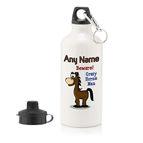 UNIGIFT Personalised Gift - Crazy Horse Man 400ml Water Bottle (Animal Slogan Design White) Any Name Message Unique Sport Drink School Lunch Bag Zoo Silly Cute Funny Novelty Wild Pony Farm Foal