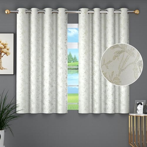 Image of FRESH FROM LOOM Heavy Jari Jacquard Premium Luxury Eyelet Ring Floral Curtain 6 Feet Window | Semi Blackout | Light Blocking 80% Room Darkening | Fade & Shrink Resistant Parda (6ft, Cream, 2pc)
