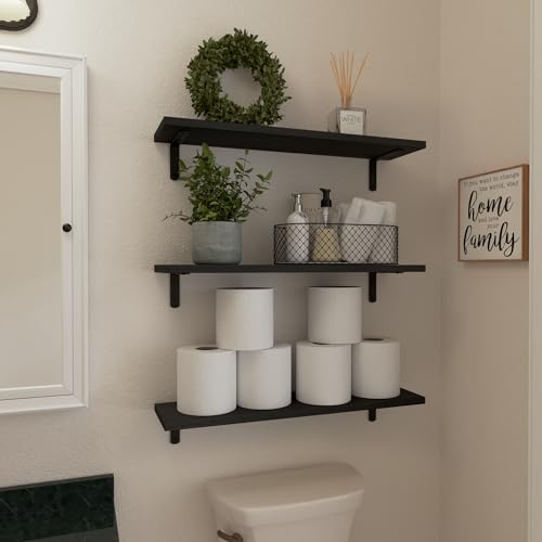Image of WOPITUES 24'' Long Floating Shelves for Wall Decor & Storage, Black | Wood Farmhouse Book Shelves for Bedroom, Bathroom, Living Room, Kitchen, Office, Laundry Room, Study Room Display, 6Pcs