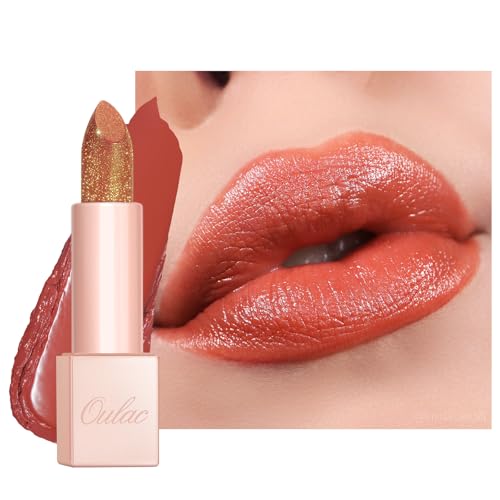Oulac Moisture Shimmer Lipstick - Hydrating Lip Balm with Diamond Shimmer & Gold Sheen | Reddish Brown Tinted Lipstick for Dry Lips | 24H Moisture, Sheer Coverage, Vegan Formula, 4.5g (PG09) Fussy