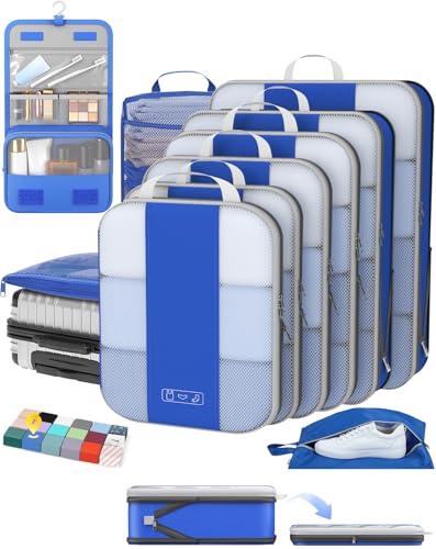 Image of OlarHike 10-Pack Compression Packing Cubes for Travel Essentials,Compressible Expandable Packing Cubes for Suitcase,Luggage Garment Bags for Travel,Handy Helper for Organizing Clothes(Klein Blue)