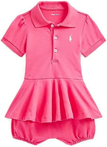 Ralph Lauren Baby Girl Peplum Mesh Bubble Shortall (Hot Bright Pink, 12 Months)