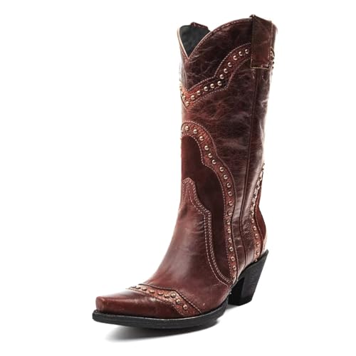 Image of Agodor Cowboy Boots For Women, Cowgirl Ladies Mid Calf Boots with Classic Studded Pointed Toe Chunky Heel Pull On Fashion Dress Wedding Western Booties