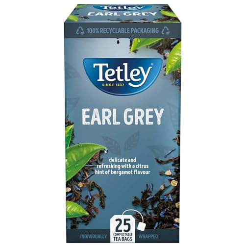 Tetley Earl Grey String & Tag Enveloped Tea Bags - Delicate Bergamot & Citrus Infusion - Premium Black Tea - Rainforest Alliance Certified - 25 Individually Wrapped Tea Bags (1 Pack)