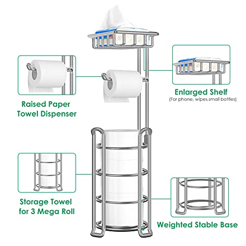 Tomcare Toilet Paper Holder Upgraded Toilet Paper Stand With Raised Feet Metal Bathroom Accessories Tissue Paper Dispenser Free Standing Toilet Paper Roll With Storage Shelf Bathroom Storage Organizer #TOP3
