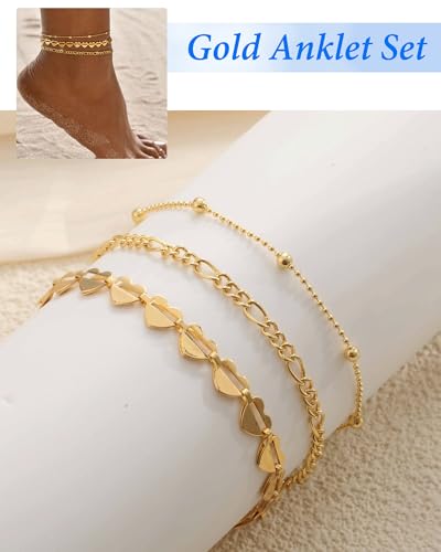 Image of ZHESHY Gold Silver Ankle Bracelets for Women 14K Gold Plated Anklets for Women Waterproof Cuban Link Heart Chain Anklets Set Non Tarnish Dainty Layered Anklet Bracelets for Women Summer Beach Jewelry