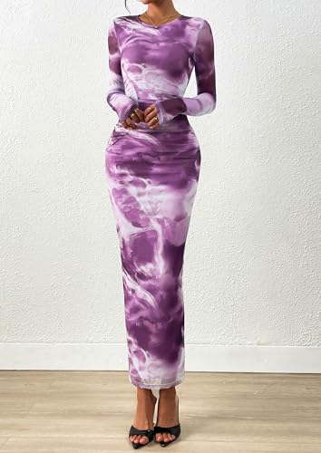PRETTYGARDEN Fall Wedding Guest Dresses for Women 2025 Long Sleeve Ruched Sexy Bodycon Floral Mesh Cocktail Party Maxi Dress