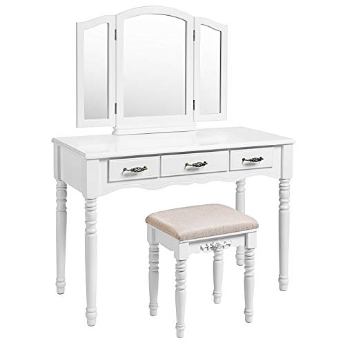 SONGMICS Vanity Set, 3 Large Drawers, Tri Folding Mirror, Make-up Dressing Table with Cushioned Stool, Easy Assembly, Gift for Mom White