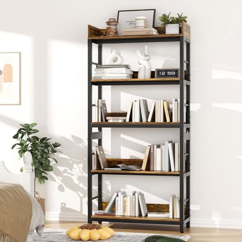 Image of Aquzee Bookshelf, 66 inch H 5-Tiers Heavy Duty Industrial Shelving Wood & Metal Bookcase, Rustic and Black Tall Shelf Units for Home, Office, Living Room