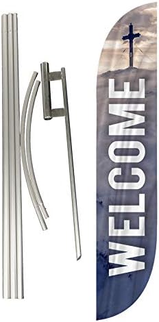 LookOurWay Feather Flag Set, 12 ft Advertising Flag with Fiberglass Poles and Ground Spike for Business Promotion, Church Theme (Welcome)