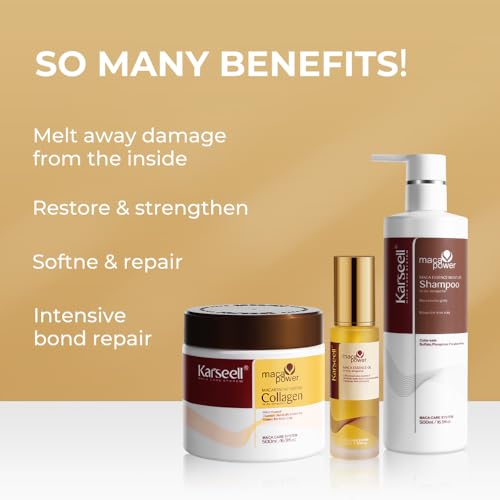 Karseell Feuchtigkeitsspendend Reparatur Set, Kollagen Haarmaske Shampoo Haaröl Geschenkset für Trockenes Geschädigtes Haar Alle Haartypen 2 x 500ml + 50ml