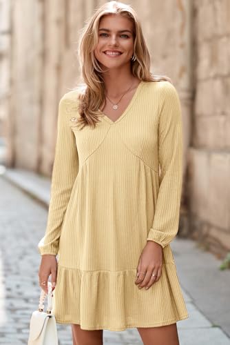 Image of Dokotoo Womens Dresses Long Sleeve V Neck Lightweight Ribbed Knit Empire Waist Casual A Line Swing Mini Dress