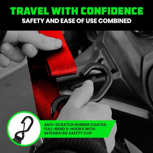 Image of Rhino USA Motorcycle Tie Down Straps (2 Pack) Lab Inspected 2,200lb Break Strength, Steel Cambuckle Tiedown Set with Integrated Soft Loops - Better Than a Ratchet Strap (Red 2-Pack)