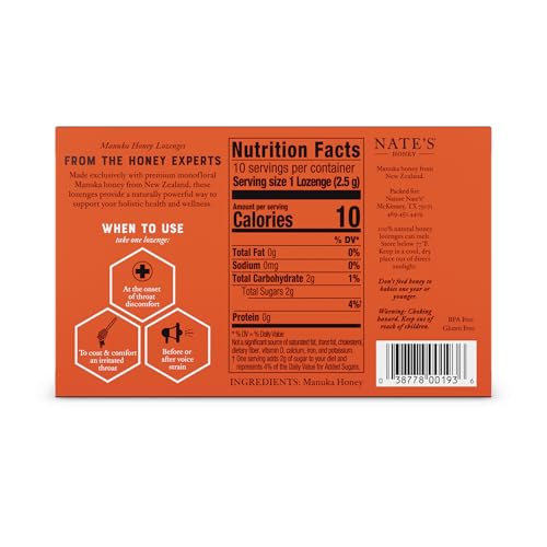Image of Nate's Manuka Honey Lozenges - 10-Count Blister Pack | MGO 83+ - Soothing Throat Lozenges with New Zealand Manuka Honey for Natural Immune Support
