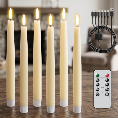 Image of GenSwin Rechargeable Flameless LED Taper Candles Battery Operated 2 Remote | Ivory, 6 Pack, Real Wax 3D Flameless Flickering, 0.78 inch x 9.84 inch, 2 /4 /6 /8H Timer, Candlesticks for Wedding & Holiday Decor