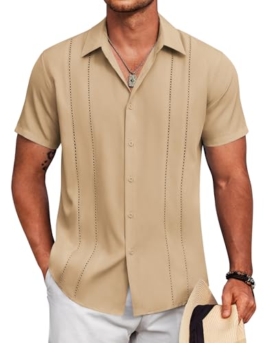 Image of COOFANDY Mens Cuban Guayabera Shirt Short Sleeve Button Down Shirts Summer Beach Vacation Shirts