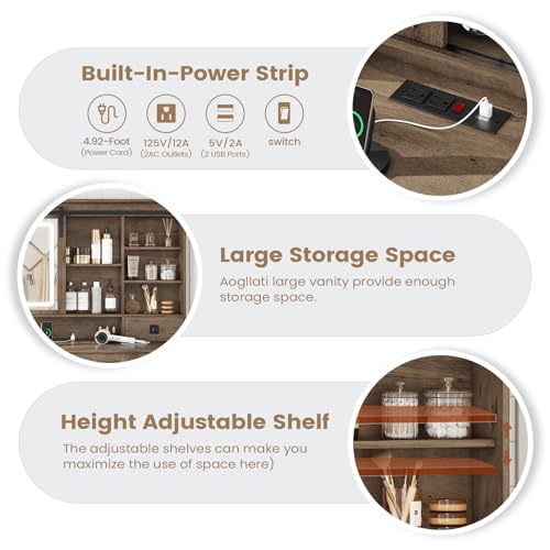 Image of AOGLLATI Farmhouse Makeup Vanity Desk with Lights & Charging Station,Vanity Desk with Mirror and Lights, 47.2 inch Large Brown Vanity Table with Ample Storage Space and Sliding Mirror (Oak Brown)