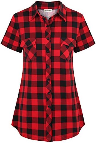 Nandashe Long Plaid Tunic Shirt for Women, 2023 Short-Sleeved V Neck Slimming Colorblock Jersey Hipster Back Pleat Feminine Linen Flare Flattering Button up Blouses Black&Red Extra Large