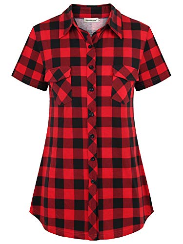 Nandashe Long Plaid Tunic Shirt For Women, 2023 Short-Sleeved V Neck Slimming Colorblock Jersey Hipster Back Pleat Feminine Linen Flare Flattering Button Up Blouses Black&Red Extra Large #TOP3