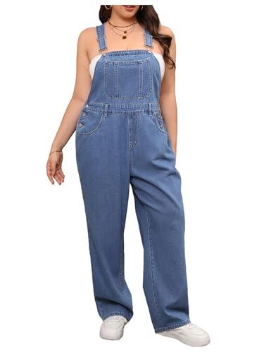 WDIRARA Women's Plus Size Denim Overall Straight Leg Jean Jumpsuit