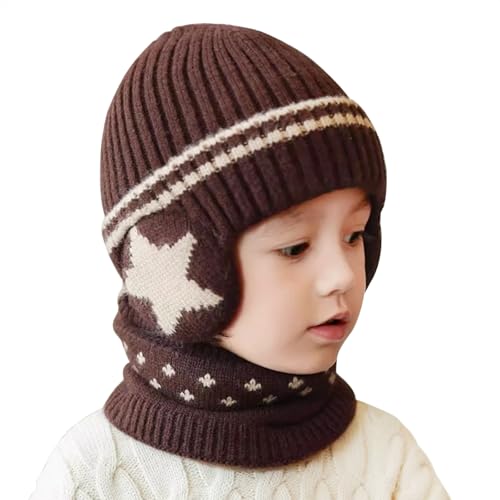 Kids Winter Knitted Beanie Hat Circle Scarf Set Soft Warm Fleece-lined Earflaps Skull Cap for Boys Girls 3-8 Years2
