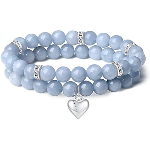 DUQGUHO Aquamarine Bracelet 8mm Heart Bracelet for Women Blue Bracelets for Women Healing Crystals Jewelry Love Charm Bracelet Natural Stone Stretch Crystals Beads Bracelet Gifts for Women 2Pcs Cover
