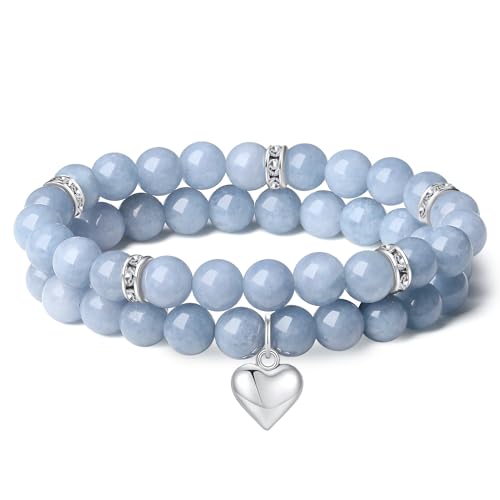 DUQGUHO Heart Bracelet for Women Healing Crystals Bracelets 8mm Love Charm Bracelet for Women Natural Stone Stretch Beads Bracelet Gifts for Women 2Pcs