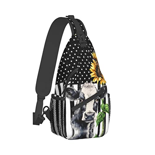 Fylybois Sunflower Cow Sling Bag For Men Women Crossbody Chest Backpack Daypack Shoulder Bags