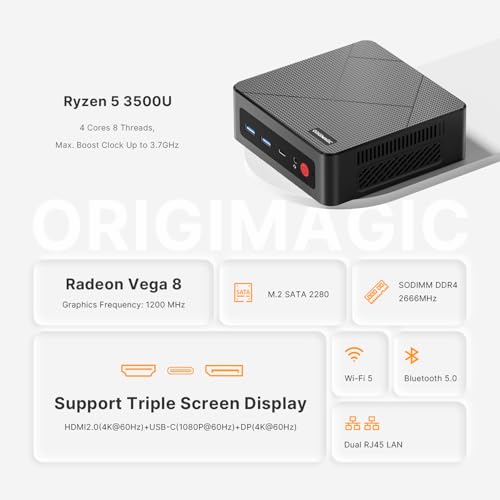 Image of Mini PC, Mini Computers with AMD Ryzen 5 3500U(Beat 4300U /N150 /N95), 8GB DDR4 256GB SSD + PCIe 3.0 NVMe Slot, Dual RJ45, Triple 4K Display, USB-C, WiFi 5 /BT 5.0, Desktop Computers for Office /Home